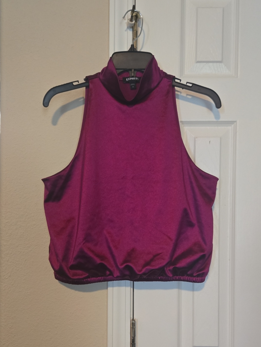 Express Satin Mock Neck Crop Tank in Deep Plum